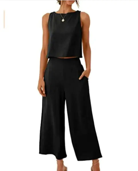 Cropped Wide-leg Pants w/Cropped Navel Button Top
