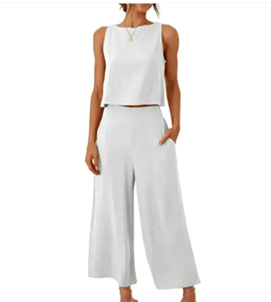 Cropped Wide-leg Pants w/Cropped Navel Button Top